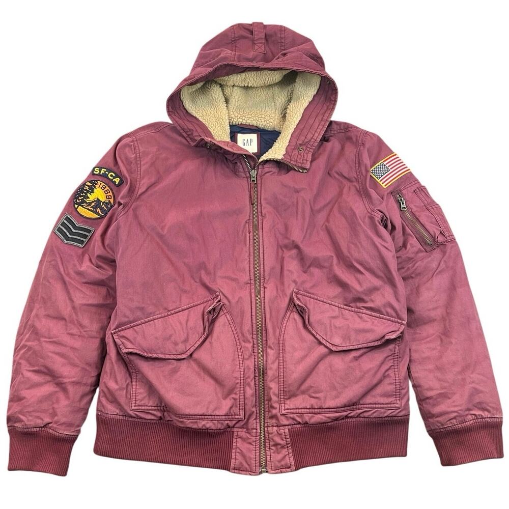 Gap Patched Hooded Bomber Jacket Men XL Burgundy USA Eagle Sherpa Military 2017
